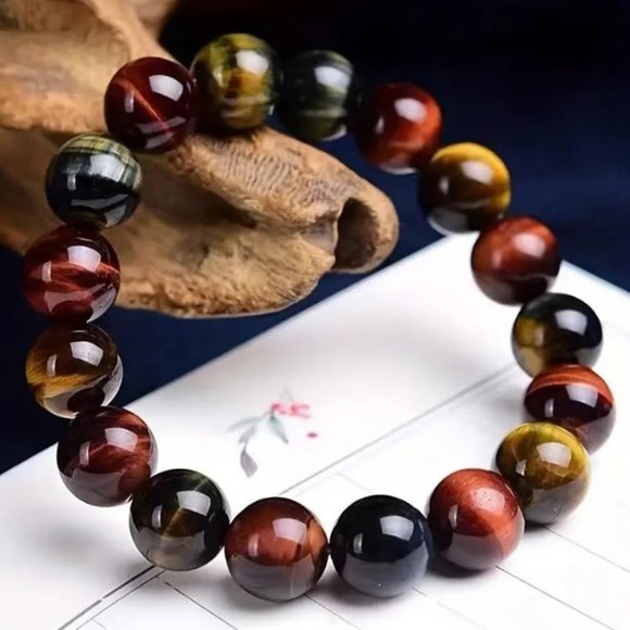 10mm Polished Natural Colorful Tiger Eye Stone Bead Stretch Bracelet - Picture 3 of 6